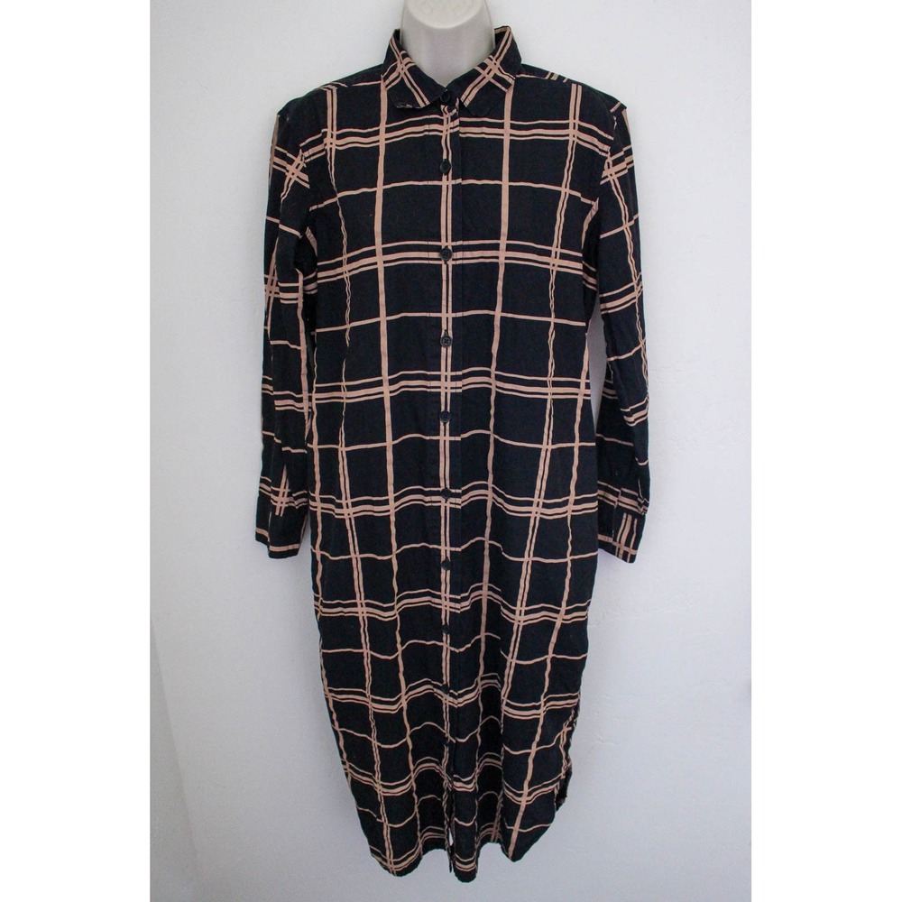 Pact Shirt Dress Small Black Tan Plaid Organic Cotton Long Sleeve Midi Pockets